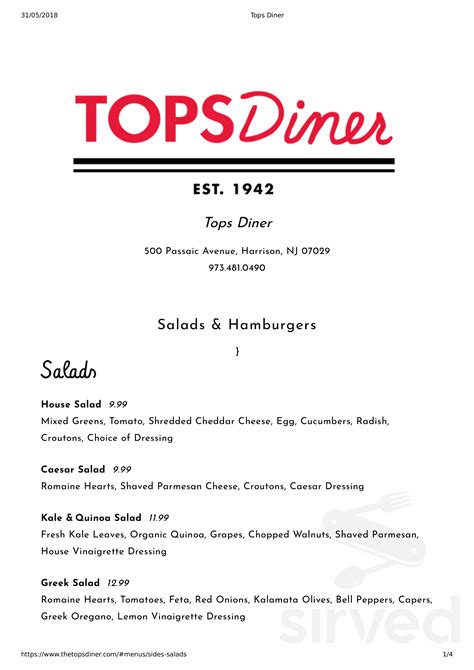 Tops diner menu - Tunafish Salad & Sliced Egg Club. From 14.50. 3. Chicken Salad & Crisp Bacon Club. From 13.25. 4. Roast Beef or Ham & Swiss Cheese Club. From 15.50. Your Choice of Roast Beef or Ham with Swiss Cheese.